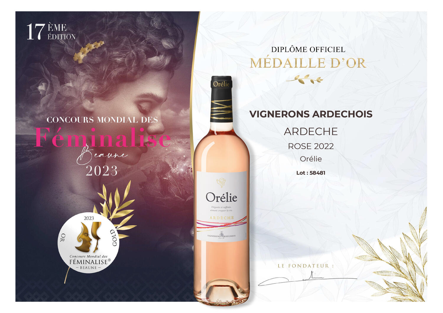 Orélie rosé 2022 : médaille d'or au concours mondial des féminalise 2023